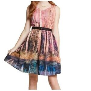 ModCloth Womens Certifiably Sweet Dress Small Sleeveless Pink Trees *No Belt